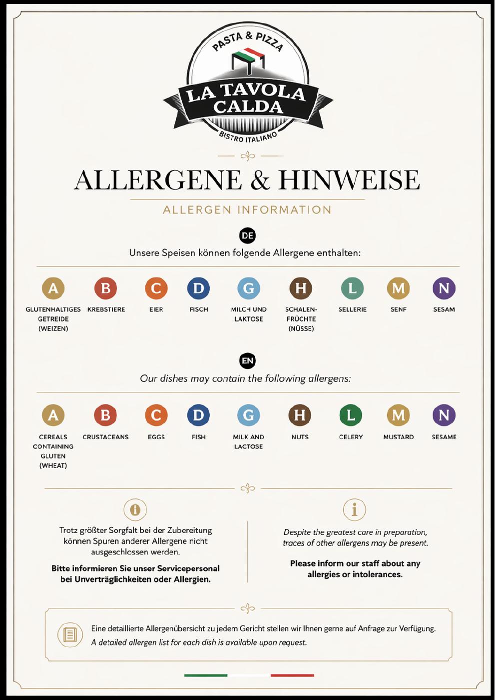 Allergene und Hinweise: Seite 1 der Abendkarte. Vollständige Ansicht im verlinkten PDF.
