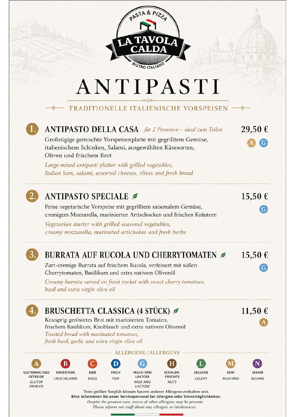 Antipasti: Seite 2 der Abendkarte. Vollständige Ansicht im verlinkten PDF.