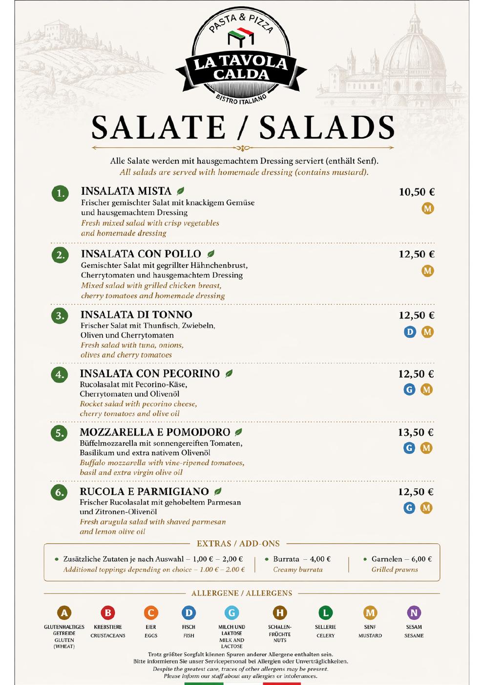 Salate: Seite 3 der Abendkarte. Vollständige Ansicht im verlinkten PDF.