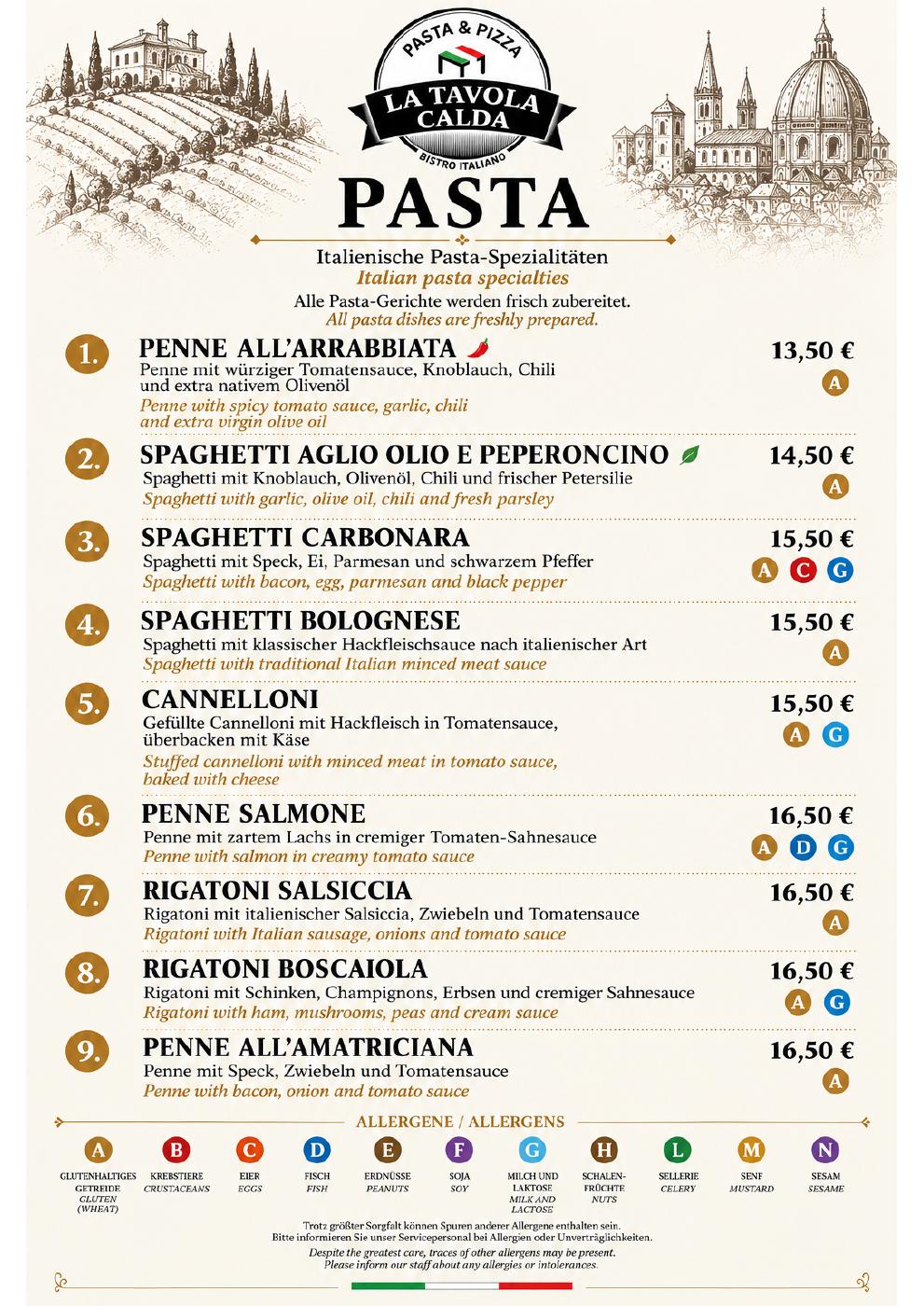 Pasta: Seite 4 der Abendkarte. Vollständige Ansicht im verlinkten PDF.