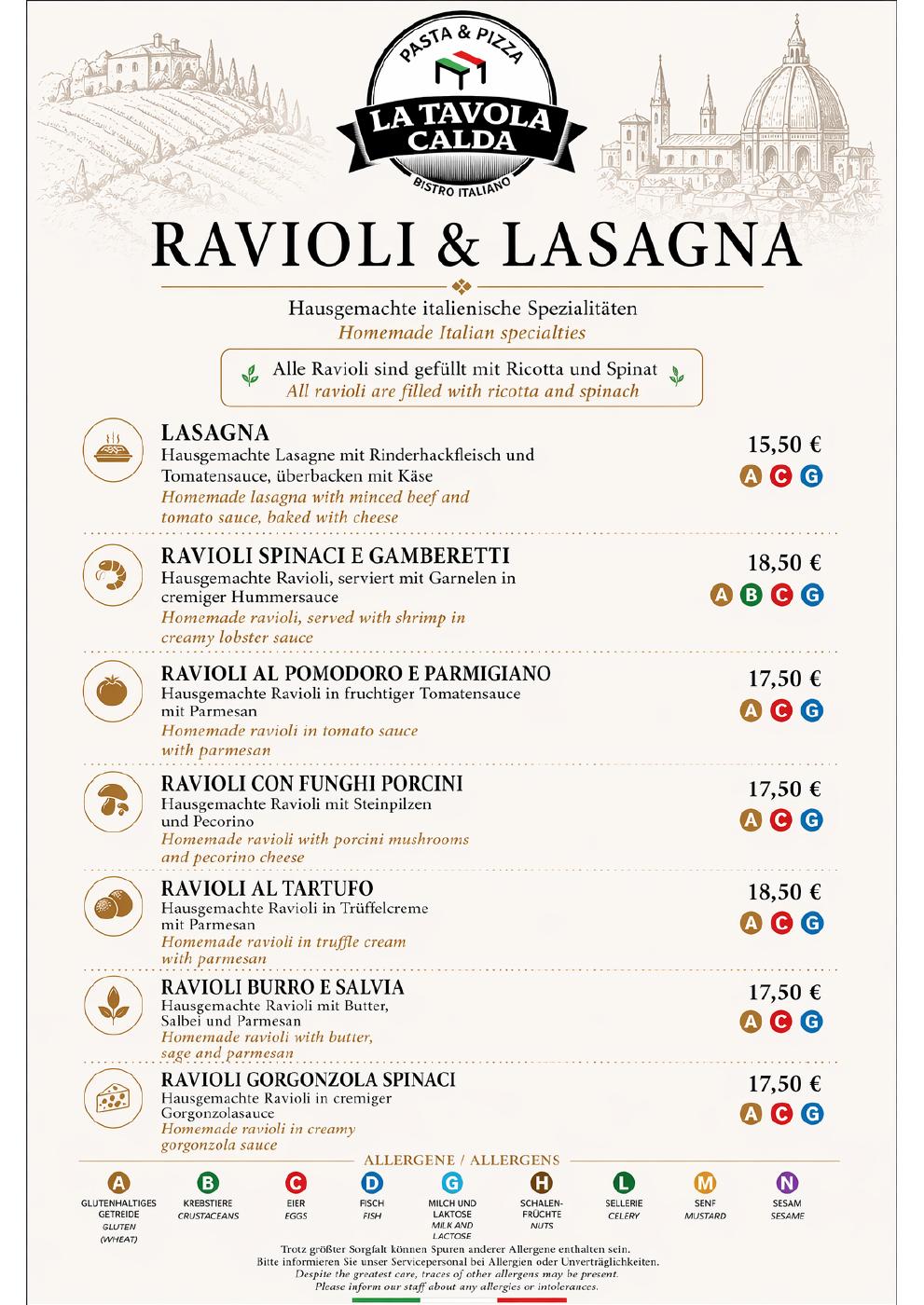 Ravioli und Lasagna: Seite 5 der Abendkarte. Vollständige Ansicht im verlinkten PDF.