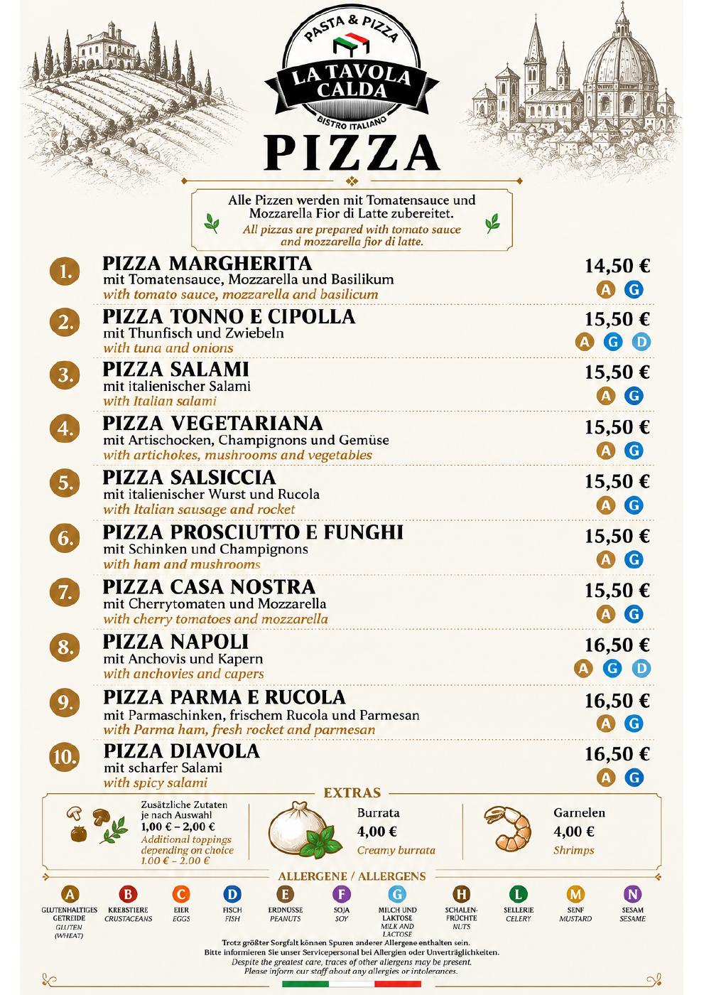 Pizza: Seite 6 der Abendkarte. Vollständige Ansicht im verlinkten PDF.