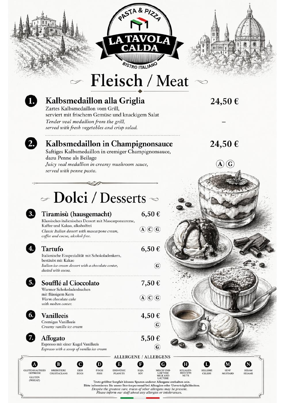 Fleisch und Desserts: Seite 7 der Abendkarte. Vollständige Ansicht im verlinkten PDF.