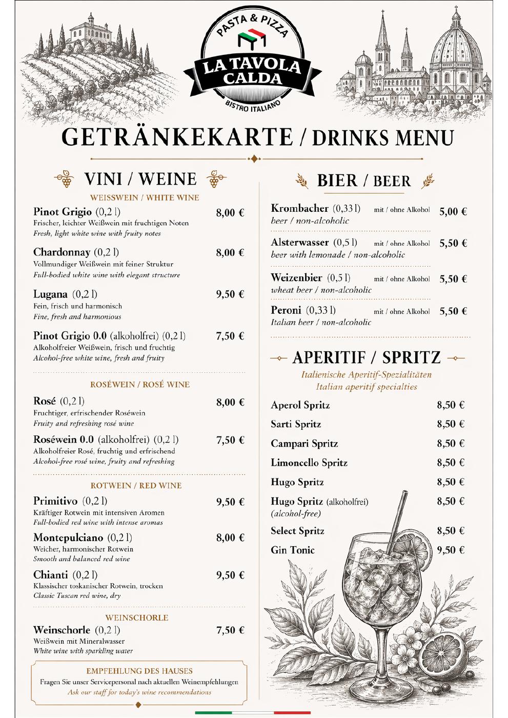 Weine, Bier und Aperitif: Seite 8 der Abendkarte. Vollständige Ansicht im verlinkten PDF.