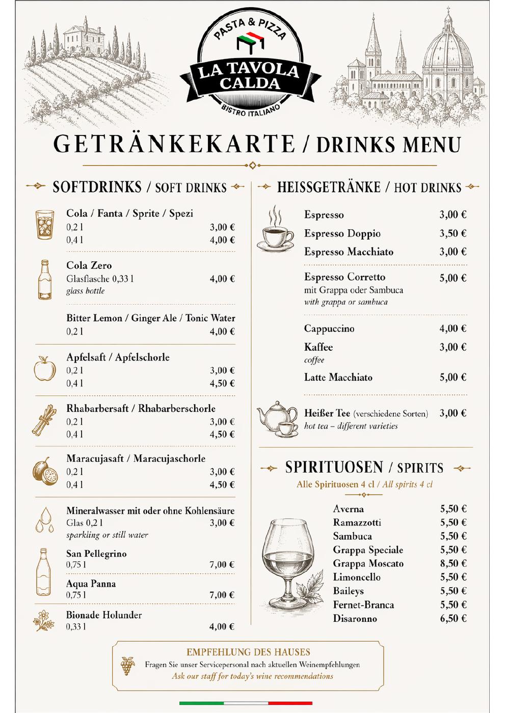 Getränke und Spirituosen: Seite 9 der Abendkarte. Vollständige Ansicht im verlinkten PDF.